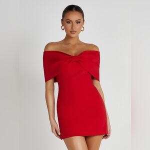 Meshki Gwyneth Red off the Shoulder Bow Dress